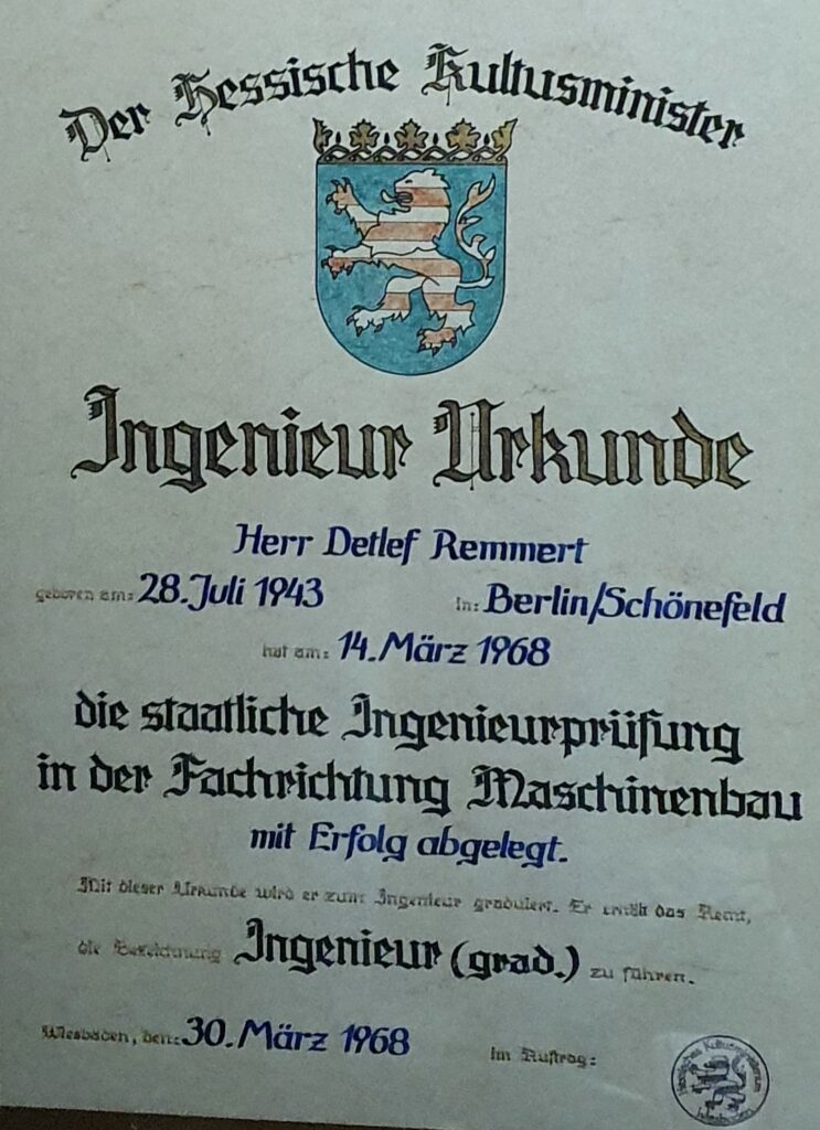 Ein Foto der Ingenieur Urkunde von "Detlef Remmert"